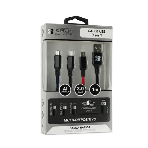 Cable Micro USB Subblim Premium 3in1 Negro 1 m