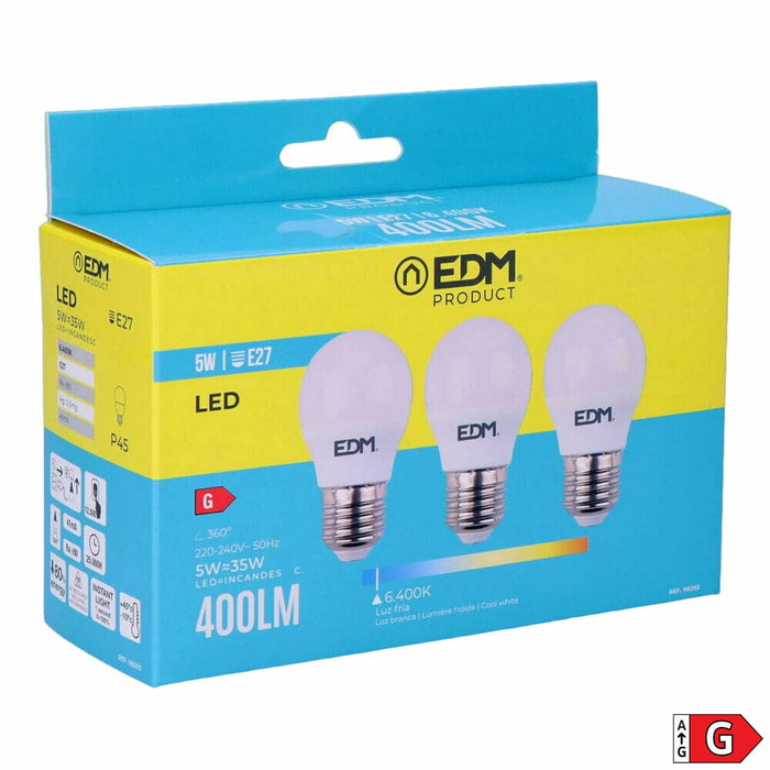 Pack de 3 bombillas LED EDM G 5 W E27 400 lm Ø 4,5 x 8 cm (6400 K)